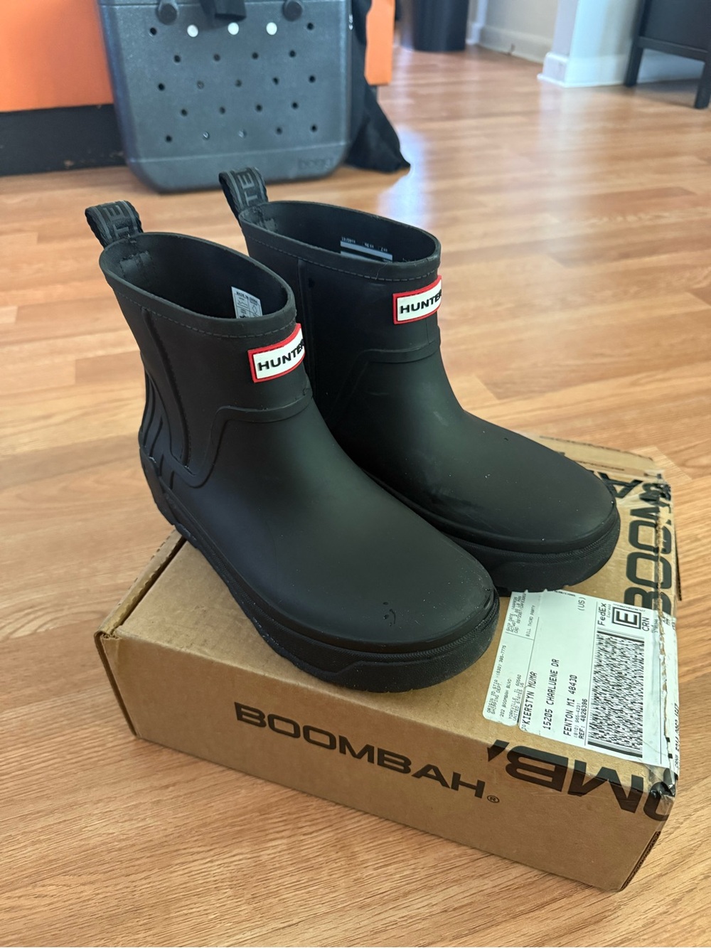 Hunter Black Short Wales Rain Boots with Red Logo